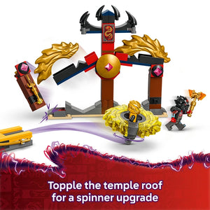 LEGO Ninjago Dragon Spinjitzu Battle Pack 71826 featuring ornate temple structure with golden dragon wings, black horned roof, red and brown wooden elements, gold sphere centerpiece, purple spinner, minifigure with axe, and instruction text topple the temple roof for spinner upgrade