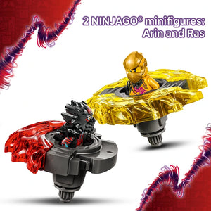 Two LEGO NINJAGO minifigures Arin and Ras with golden and red Spinjitzu spinner tops featuring detailed armor and capes against a white background with purple energy effects
