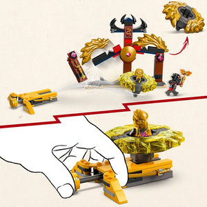 LEGO Ninjago Dragon Spinjitzu Battle Pack 71826 featuring gold and red dragon temple playset with minifigures, spinning mechanism, and yellow dragon vehicle on white background