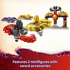 LEGO Dragon Spinjitzu Battle Pack 71826 featuring gold and red spinning tops with minifigures, purple and yellow dragon mechs, and red battle arena with sword accessories on cream background