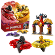 LEGO Ninjago Dragons Rising 71826 Spinjitzu Battle Pack featuring red and gold dragon spinner toys, purple ninja vehicle, brown and gold pagoda temple structure, and colorful product packaging against white background