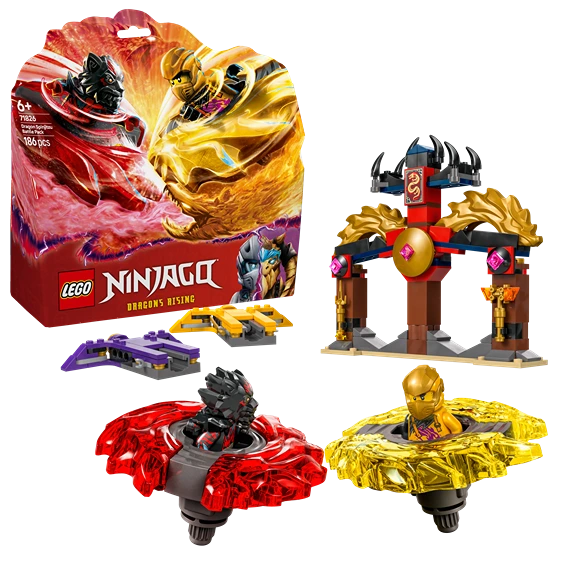 LEGO Ninjago Dragons Rising 71826 Spinjitzu Battle Pack featuring red and gold dragon spinner toys, purple ninja vehicle, brown and gold pagoda temple structure, and colorful product packaging against white background