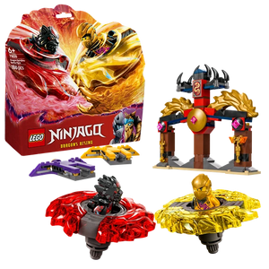 LEGO Ninjago Dragons Rising 71826 Spinjitzu Battle Pack featuring red and gold dragon spinner toys, purple ninja vehicle, brown and gold pagoda temple structure, and colorful product packaging against white background