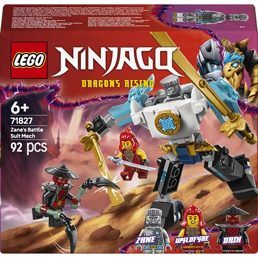 LEGO Ninjago Dragons Rising Zane's Battle Suit Mech 71827 box featuring white and gold mech robot with red minifigures on purple and orange background 92 pieces age 6+