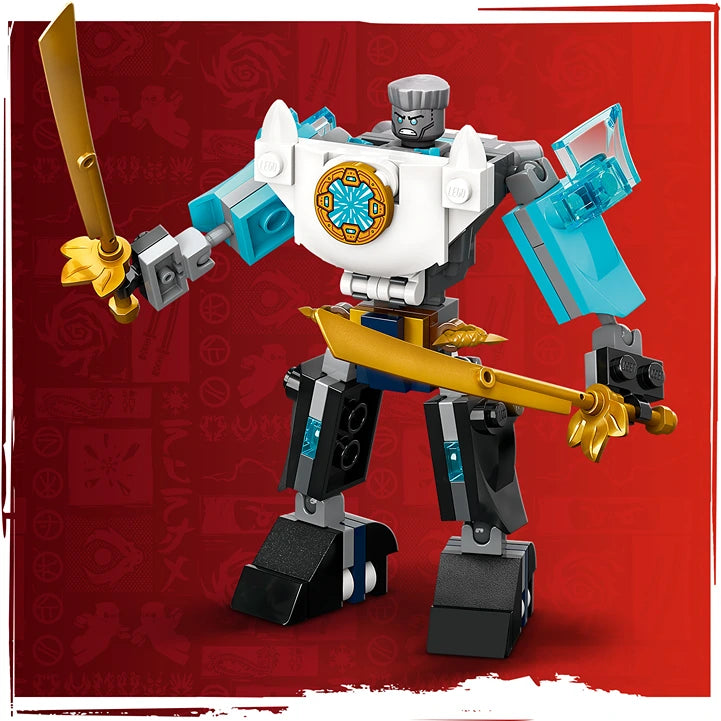 LEGO Zane's Battle Suit Mech 71827 white blue and gold robot figure with articulated limbs holding golden sword and shield against red background
