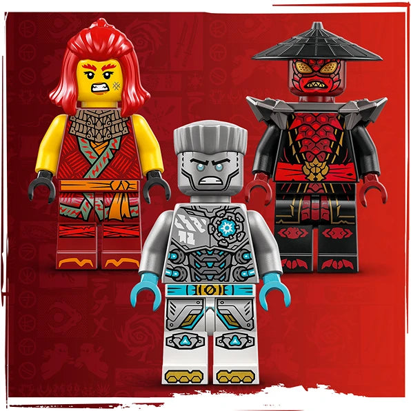 LEGO Ninjago minifigures featuring Zane in white and cyan ice ninja suit with mechanical details, a female warrior with red and yellow outfit and pink hair, and a red samurai warrior with conical hat against red background
