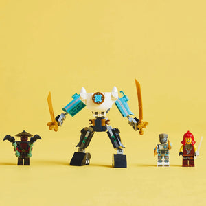 LEGO Zane's Battle Suit Mech 71827 set featuring a white and blue mechanical robot with golden swords, alongside four minifigures on a yellow background