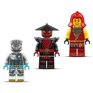Three LEGO minifigures displayed against a white background: a white and cyan armored ninja warrior on the left, a red and black samurai-style warrior with a conical hat in the center, and a red-haired warrior with red and yellow outfit on the right, from LEGO Ninjago set 71827