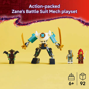Action-packed Zane's Battle Suit Mech LEGO playset featuring a large white and blue mecha robot with gold swords, three minifigures including a warrior with red hair, and black base pieces, recommended for ages 6 and up with 92 pieces