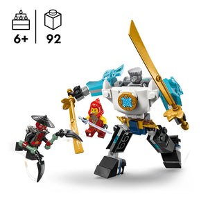 LEGO Ninjago Zane's Battle Suit Mech set 71827 featuring a white and blue mechanical suit with gold sword, gray minifigure pilot, red ninja character, and black enemy figure against white background, rated 6+ with 92 pieces