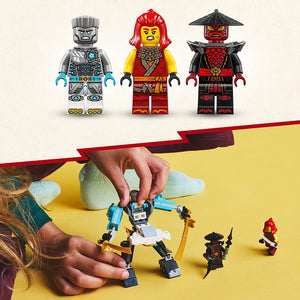 LEGO Ninjago minifigures and Zane's blue and white battle suit mech displayed on yellow background with child's hands assembling the set, showing three ninja character minifigs and buildable robot toy from set 71827