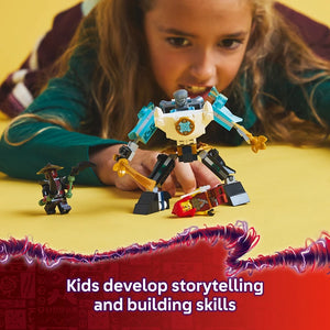 Child playing with blue, white, and gold LEGO Zane's Battle Suit Mech buildable robot toy on yellow background with smaller robot figures, demonstrating storytelling and building skills