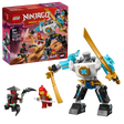 LEGO Ninjago Dragons Rising Zane's Battle Suit Mech 71827 set with white and blue mechanical robot, two minifigures including red ninja character, golden weapons, and original packaging box displayed against white background