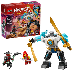 LEGO Ninjago Dragons Rising Zane's Battle Suit Mech 71827 set with white and blue mechanical robot, two minifigures including red ninja character, golden weapons, and original packaging box displayed against white background