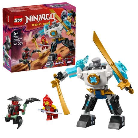 LEGO Ninjago Dragons Rising Zane's Battle Suit Mech 71827 set with white and blue mechanical robot, two minifigures including red ninja character, golden weapons, and original packaging box displayed against white background