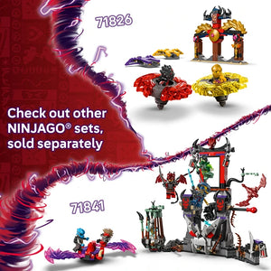 LEGO NINJAGO Lloyd's Pull-Back Race Car set 71828 displayed with red and purple lightning effects showing golden and red buildable vehicles and structures from the NINJAGO theme with product number 71826 and related set 71841 visible