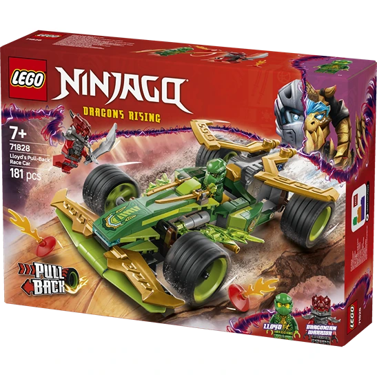 LEGO Ninjago Dragons Rising Lloyd's Pull-Back Race Car set 71828 featuring green and gold vehicle with large black wheels on red packaging with minifigures