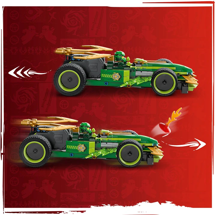 LEGO Lloyd's pull-back race car 71828 in green and gold with lime yellow wheels, shown in two transformation positions against a red background with flame effects