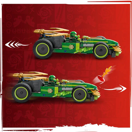 LEGO Lloyd's pull-back race car 71828 in green and gold with lime yellow wheels, shown in two transformation positions against a red background with flame effects