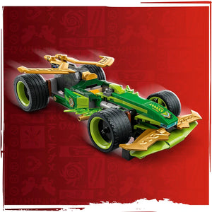 LEGO Lloyd's Pull-Back Race Car 71828 featuring a green and gold motorized vehicle with black racing tires, gold spoilers, and lime green accents against a red background