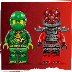 LEGO minifigures of Lloyd in green ninja outfit with yellow accents and a red demon-like antagonist character against a red background from LEGO Ninjago set 71828