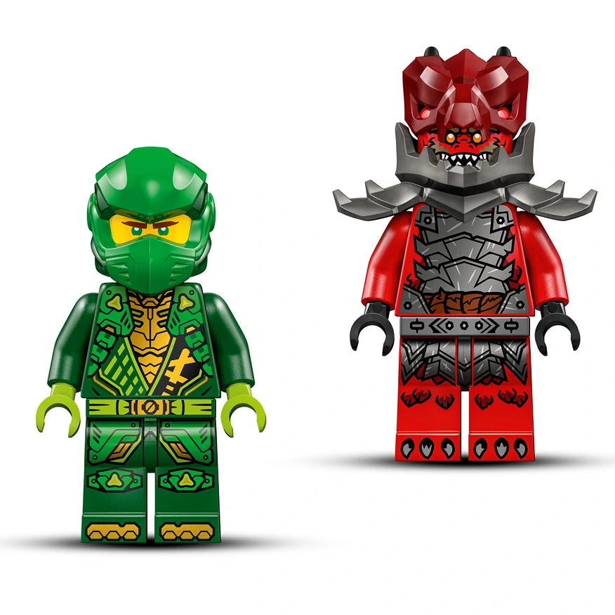 Two LEGO minifigures displayed side by side: a green ninja character with yellow chest armor and gold accents on the left, and a red demon or villain character with gray metallic armor and spikes on the right, set against a white background