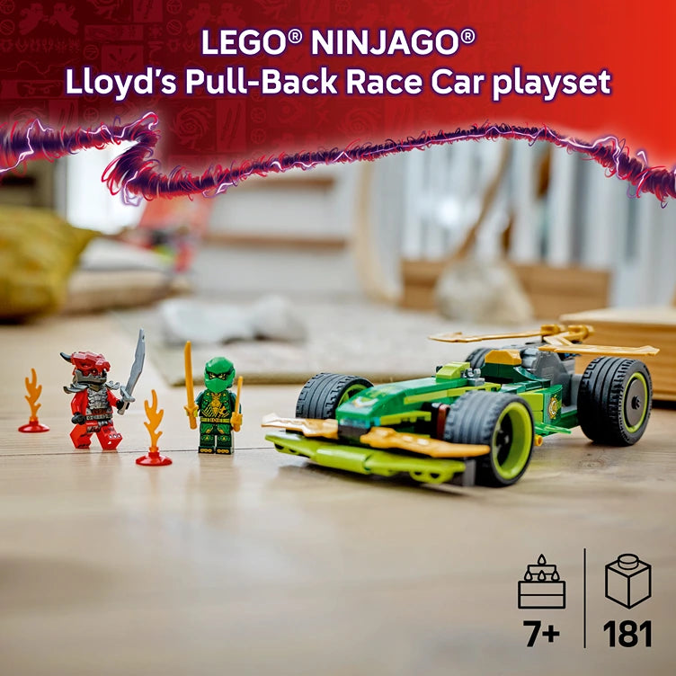 LEGO NINJAGO Lloyd's Pull-Back Race Car playset 71828 featuring a green and yellow race car with two minifigures, red flame accessories, 181 pieces, recommended for ages 7 and up
