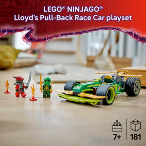LEGO NINJAGO Lloyd's Pull-Back Race Car playset 71828 featuring a green and yellow race car with two minifigures, red flame accessories, 181 pieces, recommended for ages 7 and up