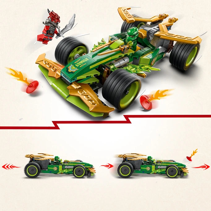 LEGO Lloyd's Pull-Back Race Car 71828 green and gold buildable vehicle with minifigure and flame accessories shown in three views demonstrating pull-back motor function