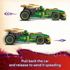 LEGO Lloyd's pull-back race car model 71828 in green and lime yellow with gold accents, shown in two positions demonstrating the pull-back mechanism with purple directional arrows and red wave effect indicating motion