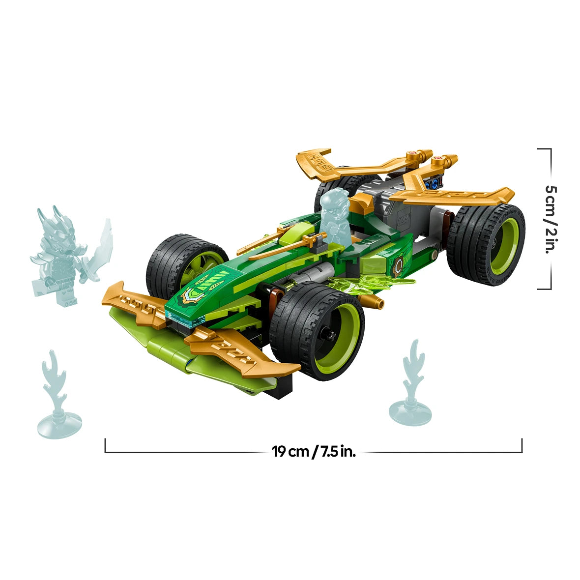 LEGO Lloyd's Pull-Back Race Car 71828 green and gold buildable racing vehicle with black wheels, minifigure, and translucent water plant accessories, measuring 19cm by 5cm