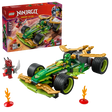 LEGO Ninjago Dragons Rising Lloyd's Pull-Back Race Car set 71828 featuring a green and gold race car with large black wheels, red ninja minifigure with spiky hair, flame accessories and instruction box on red background