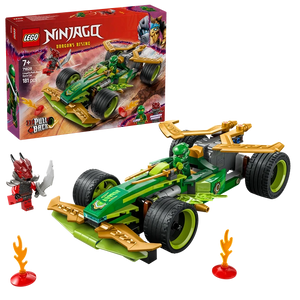 LEGO Ninjago Dragons Rising Lloyd's Pull-Back Race Car set 71828 featuring a green and gold race car with large black wheels, red ninja minifigure with spiky hair, flame accessories and instruction box on red background