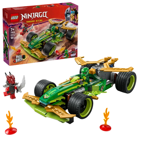 LEGO Ninjago Dragons Rising Lloyd's Pull-Back Race Car set 71828 featuring a green and gold race car with large black wheels, red ninja minifigure with spiky hair, flame accessories and instruction box on red background