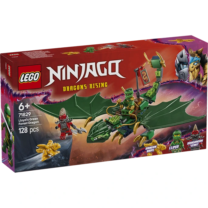 LEGO Ninjago Dragons Rising set 71829 featuring Lloyd's green forest dragon with minifigures on red and purple packaging, 128 pieces, ages 6 and up
