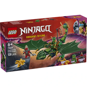 LEGO Ninjago Dragons Rising set 71829 featuring Lloyd's green forest dragon with minifigures on red and purple packaging, 128 pieces, ages 6 and up