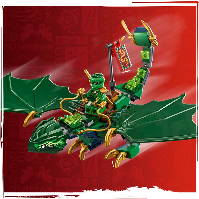 LEGO Lloyd's Green Forest Dragon 71829 set featuring a green dragon with gold accents, minifigure pilot, and building blocks on red background