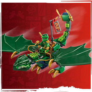 LEGO Lloyd's Green Forest Dragon 71829 set featuring a green dragon with gold accents, minifigure pilot, and building blocks on red background