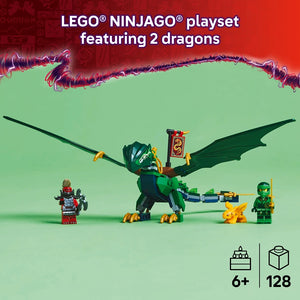 LEGO NINJAGO playset featuring green dragon with purple spikes, two minifigures in red and green ninja outfits, yellow dragon accessory, recommended age 6+, contains 128 pieces