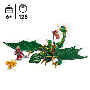 LEGO Lloyd's Green Forest Dragon set 71829 featuring a large green dragon with gold accents, minifigures including a red warrior and green ninja, a small gold creature, and building blocks on white background, 128 pieces for ages 6+