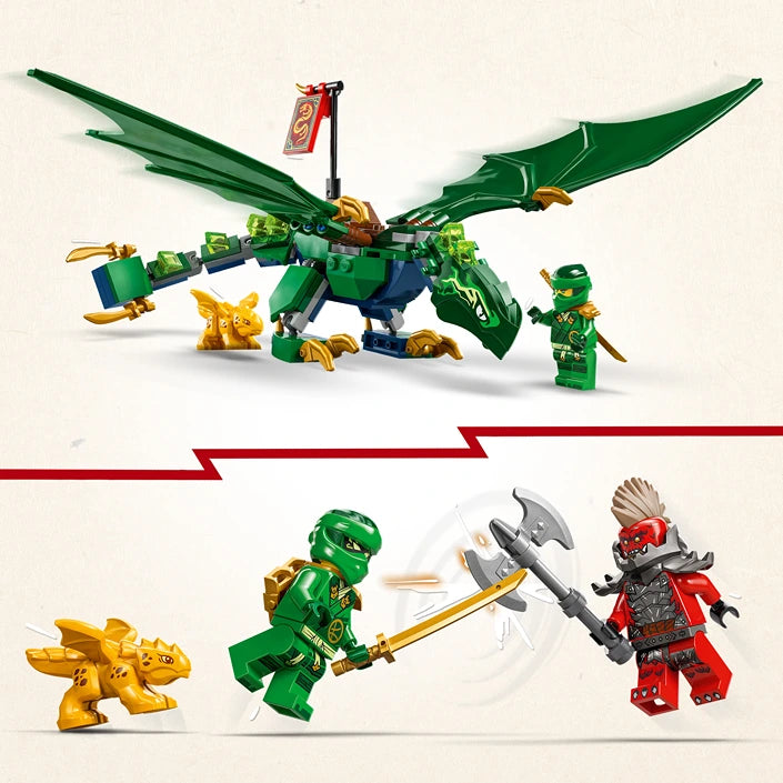 LEGO Lloyd's Green Forest Dragon set 71829 featuring a large green dragon with articulated wings, golden accents, and a minifigure pilot, shown with a green ninja minifigure, golden dragon companion, and red antagonist character in action poses