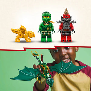 LEGO Lloyd's Green Forest Dragon set 71829 featuring green ninja minifigure with gold dragon, red antagonist character, and child holding assembled green dragon toy on yellow and maroon background