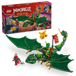 LEGO Ninjago Dragons Rising set 71829 featuring Lloyd's green forest dragon with large emerald wings, gold accents, and includes minifigures of Lloyd in green ninja outfit and a red-clad character, displayed with product box showing 128 pieces