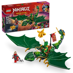 LEGO Ninjago Dragons Rising set 71829 featuring Lloyd's green forest dragon with large emerald wings, gold accents, and includes minifigures of Lloyd in green ninja outfit and a red-clad character, displayed with product box showing 128 pieces