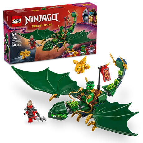 LEGO Ninjago Dragons Rising set 71829 featuring Lloyd's green forest dragon with large emerald wings, gold accents, and includes minifigures of Lloyd in green ninja outfit and a red-clad character, displayed with product box showing 128 pieces