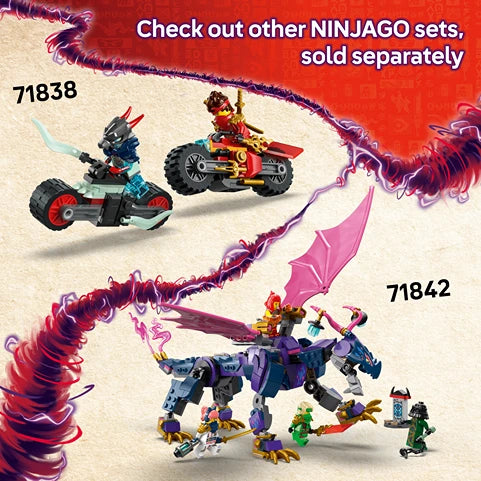 LEGO Ninjago Arin's Spinjitzu Battle Mech 71839 set showing colorful buildable mech with ninja minifigures, displayed alongside related NINJAGO vehicle sets 71838 and 71842 with purple energy effects on red background