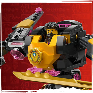 LEGO Arin's Spinjitzu Battle Mech 71839 featuring a yellow and black mech robot with pink accents, articulated limbs, and spinning weapon mechanisms against a red background
