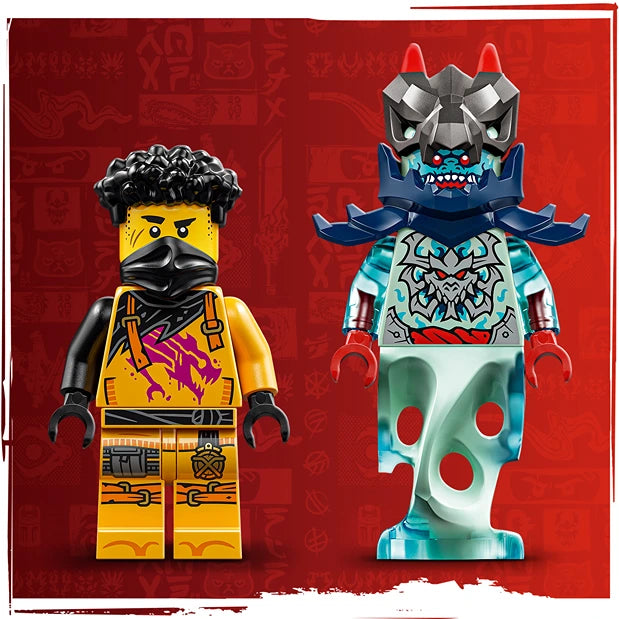 LEGO Ninjago minifigures displayed against red background featuring yellow ninja character with black hair and dark armor on left, and blue and white mechanical creature with horns and detailed patterning on right