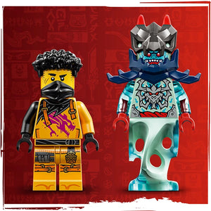 LEGO Ninjago minifigures displayed against red background featuring yellow ninja character with black hair and dark armor on left, and blue and white mechanical creature with horns and detailed patterning on right