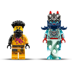 Two LEGO minifigures from the Ninjago theme displayed against a white background: a yellow and black ninja character with spiky hair on the left, and a blue, teal and gray mechanical mech suit character with red horns and red hands on the right